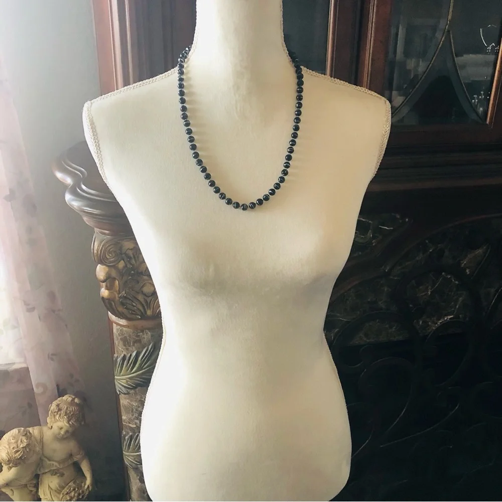 Vintage 80s black with silver metallic painted bead necklace